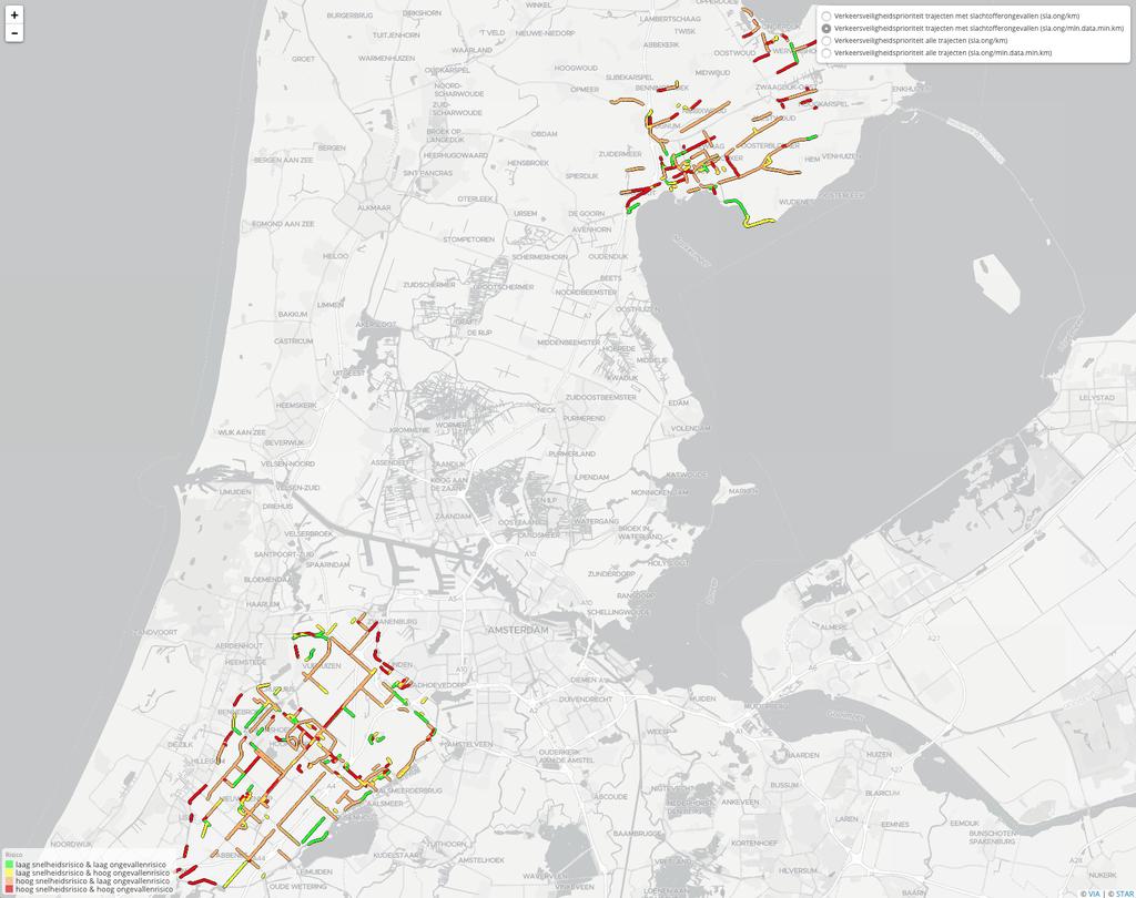 Verkeersveiligheidsprioriteit-kaart De gebruiker kan in de VIA Software een traject aanklikken (zie figuur 6) en een Trajectrapportage opvragen.