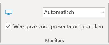 Kijk altijd goed dat je in het lint onder het tabblad Diavoorstelling bij monitors Automatisch hebt aanstaan. Dan wordt er automatisch een verbinding gemaakt tussen de laptop en de beamer.