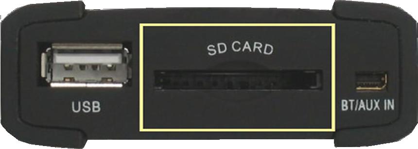 - Spoelen SD Card: Input voor het aansluiten van een SD-kaart. Bediening van de SD-kaart gaat via de originele buttons van de radio en stuurwiel en.