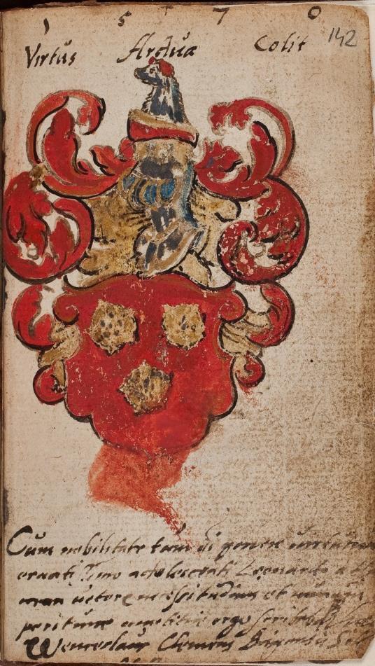 P 046 fol 142r Wencelaus Clemens, s.l. 1570 In rood drie gouden bloemen?