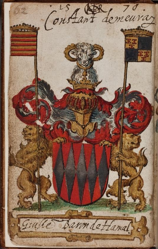 P 018 fol 003v Guille Baron de Hamal, s.l. 1578 trouwt met volgende In rood vijf aanstotende zilveren ruiten, die tegen de schildrand stoten.