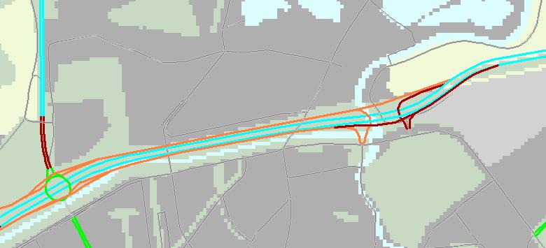 Figuur 24: Wegvakconfiguratie weginfrastructuur Portway Budget fase B1; Schieplein - Crooswijk (boven: capaciteiten; onder: snelheden) 1 rijstrook stadsweg (cap=2400 pae/2h) 2 rijstroken stadsweg