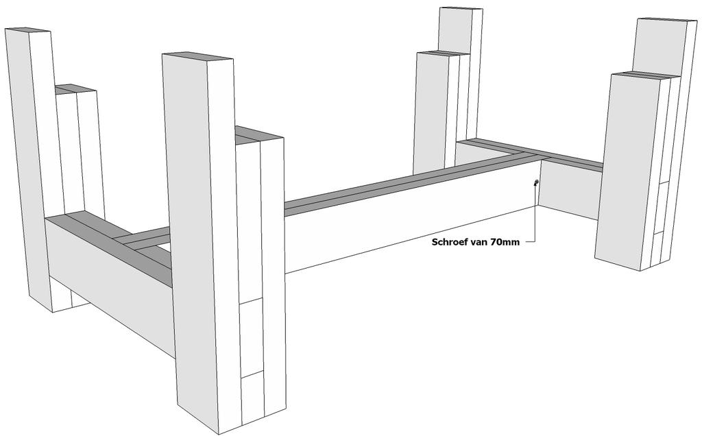 Stap 4b. De onder tussenligger monteren: Steek de onder tussenligger in de gaten van de onderliggers en schroef deze, in al de vier de hoeken, vast met behulp van de schroeven van 70mm.