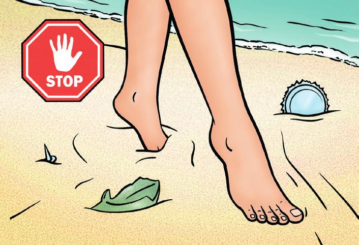 STRANDSCHOEISEL Draag lichte, gesloten schoenen of lichte plastic sandalen. Loop NOOIT blootsvoets. Spoel en droog uw voeten vaak af.