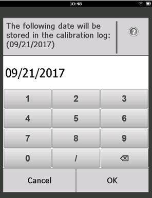 6. Selecteer OK om de huidige datum als kalibratiedatum te gebruiken en verder te gaan. 7. Bevestig de waarschuwing.