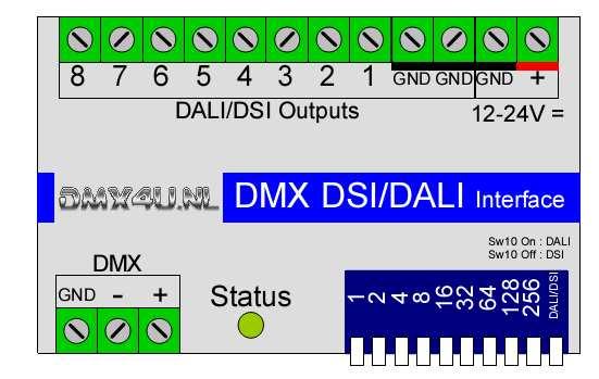 User Manual 99-0268 8 channel DMX to DSI / DALI Converter Omschrijving Met de DMX-DSI/DALI-Interface kan men tot 8 DALI- of DSI- geschikte voorschakelapparaten sturen.