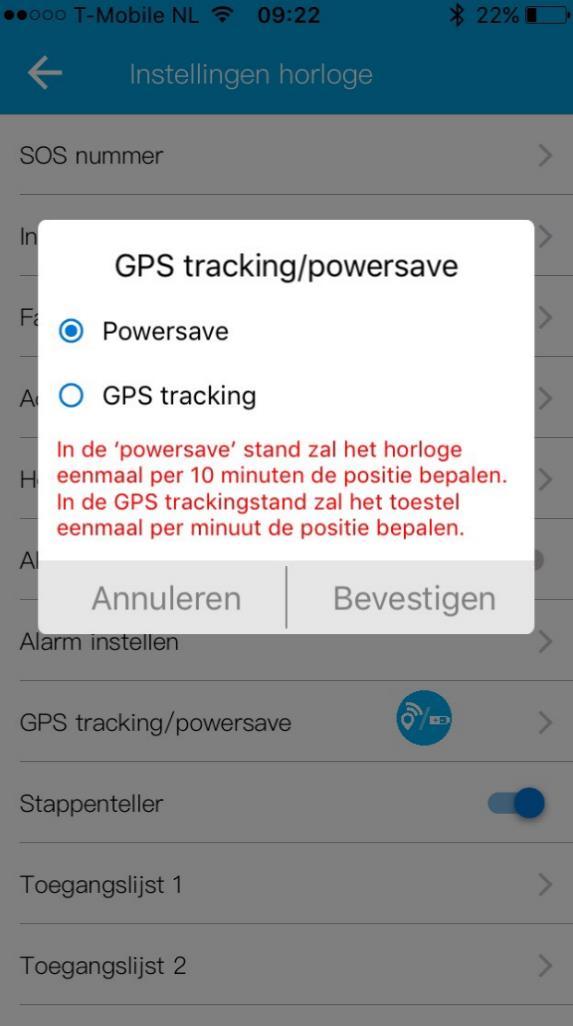 Via de GPS/Powersave functie kunt u het horloge omschakelen naar actieve GPS tracking.