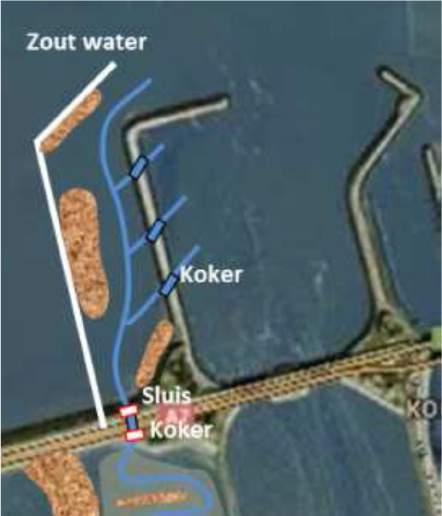Figuur 9. Derde koker door Afsluitdijk met vertical slot vispassage. 7.3.5 Ingangen van de VMR aan de Waddenzeezijde Figuur 10. Mogelijke ligging ingangen VMR.