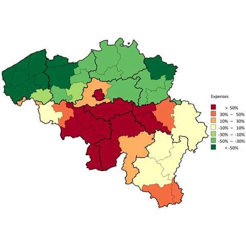 Op deze kaart van België worden de arrondissementsgrenzen met fijne lijnen en de provinciegrenzen met dikke lijnen afgebakend.