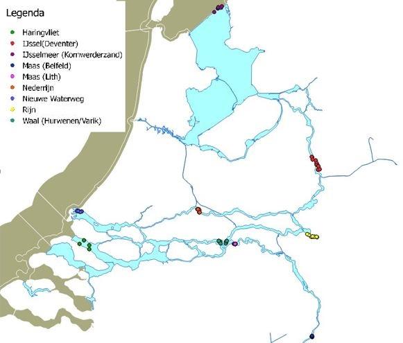Figuur 5.9 Alle locaties van de diadrome vismonitoring zoete Rijkswateren op basis van fuikregistaties.