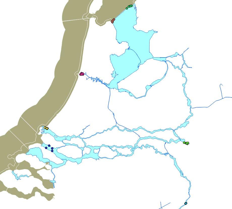Figuur 5.10 Locaties diadrome vismonitoring zoete Rijkswateren op basis van fuikregistaties in 2017. Alleen de jaarlijkse locaties zijn gemonitord. 5.4.