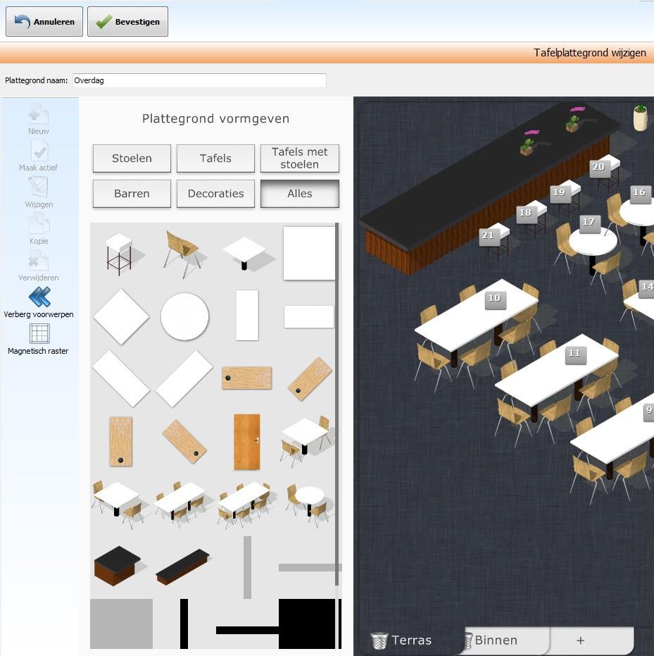 Tijdens het wijzigen van een plattegrond kunt u kiezen uit verschillende stijlen tafels en stoelen en deze kunt u simpelweg naar de
