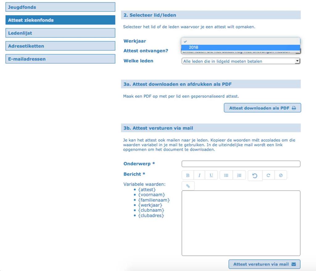 Selecteer het werkjaar van de leden