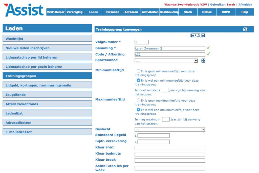 Per groep kan je een minimum- en maximumleeftijd instellen, het