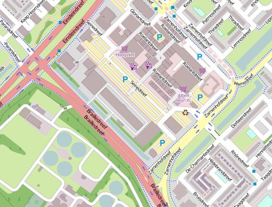 Figuur 1 Functies plangebied (rood omlijnd) en directe omgeving voor vleermuizen; blauwe stip: paarverblijf gewone dwergvleermuis; donkergroen: foerageergebied gewone