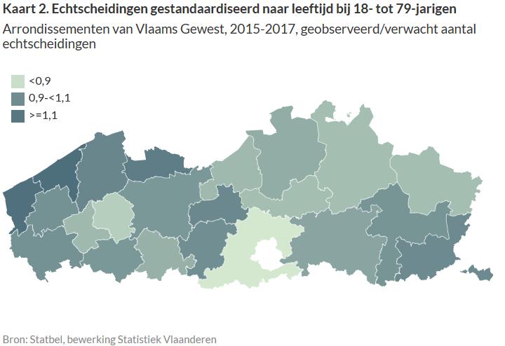 Verschillen tussen arrondissementen gestandaardiseerd naar leeftijd De leeftijdsopbouw van de gehuwden van 18 tot 79 jaar varieert in de 28 arrondissementen van het Vlaamse Gewest (Bijlage 2).