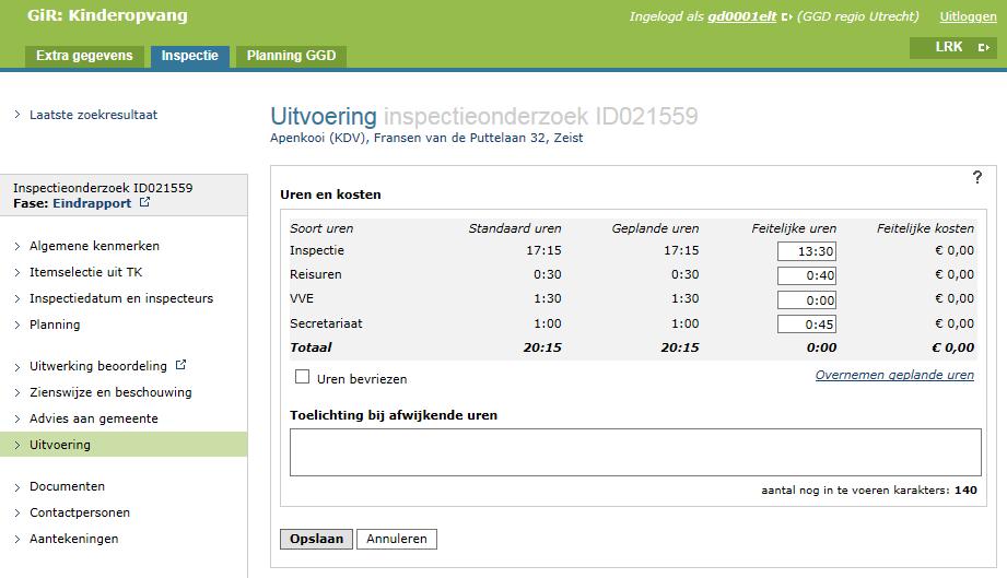 7.3 Vullen van Uitvoering Nu het inspectierapport definitief is, kunnen de feitelijke uren worden gevuld. Deze vult u in bij het onderdeel Uitvoering.