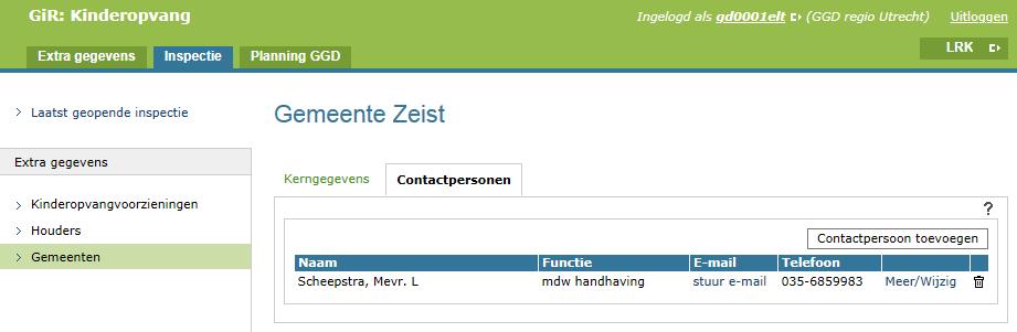 Via Bewerk lijst kunt u de gegevens van een contactpersoon bij een voorziening, gemeente of houder aanpassen. U wijzigt de gegevens dan direct in de Extra gegevens.
