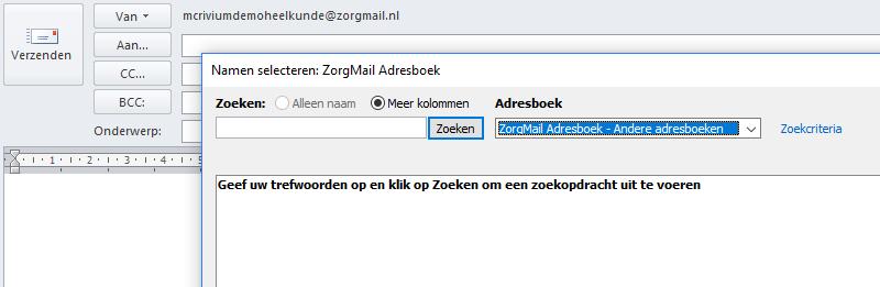 4.2 Adresboek Secure e-mail Als u het Adresboek Secure e-mail heeft toegevoegd aan Outlook, kunt u hier gebruik van maken om een geadresseerde te zoeken.