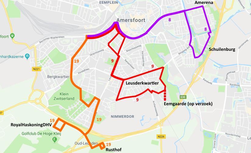 Lijn 8 krijgt een nieuwe route, vanaf het centrum via de Stadsring en de Hogeweg direct naar Amerena. Daarna wordt de route door Schuilenburg gevolgd zoals die in het vervoerplan 2019 is opgenomen.
