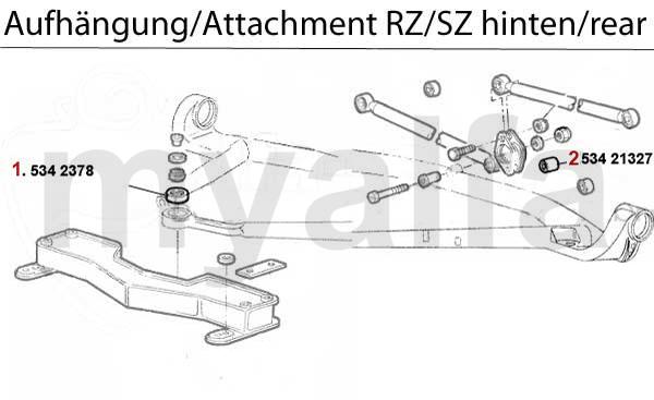 1 5342378 Ophangbus RZ/SZ achter midden 2 53421327 Ophangrubber achter/midden Alfetta, Giulietta,