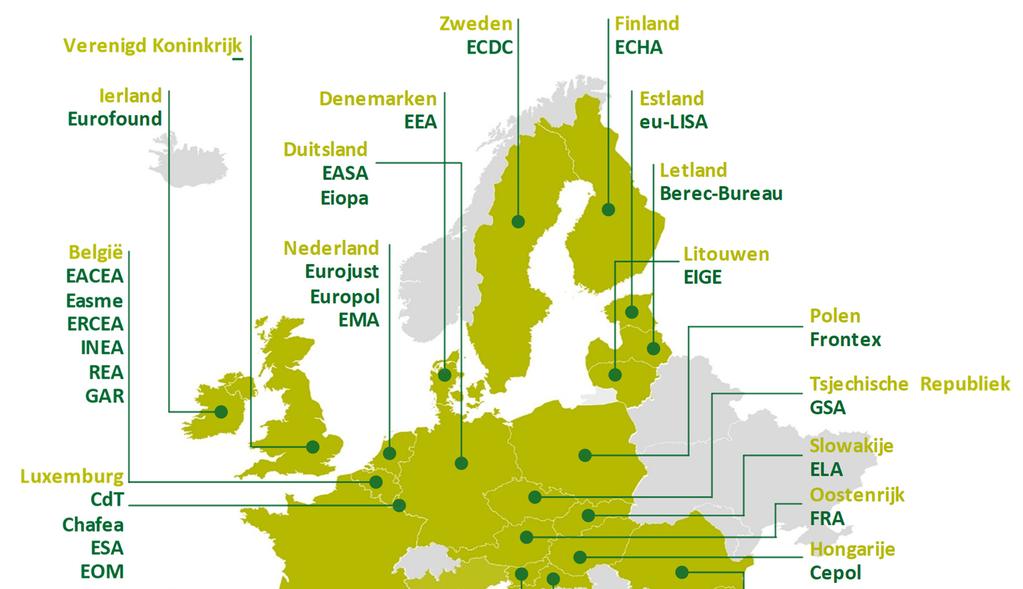 13 Kader 1.2 Vestigingsplaatsen van de agentschappen in de lidstaten Bron: ERK. Gedecentraliseerde agentschappen zijn gericht op specifieke beleidsbehoeften 1.7.