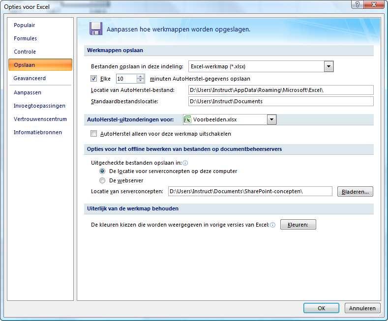 Bestandslocatie De standaardbestandslocatie is de map waarin EXCEL standaard de werkmappen