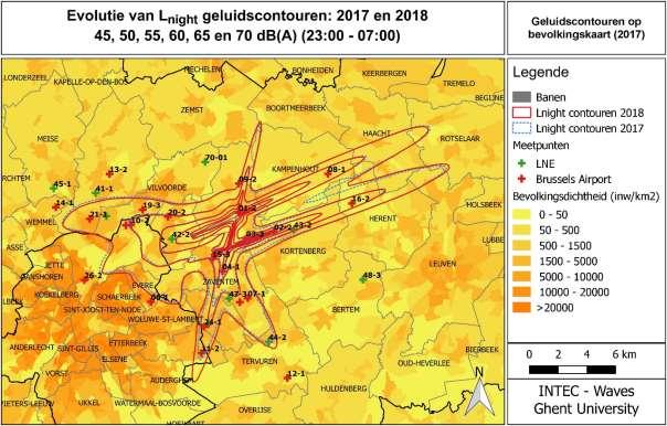 Figuur 7: L night geluidscontouren rond Brussels Airport voor 2017 (blauw-stip) en 2018 (rood-vol).