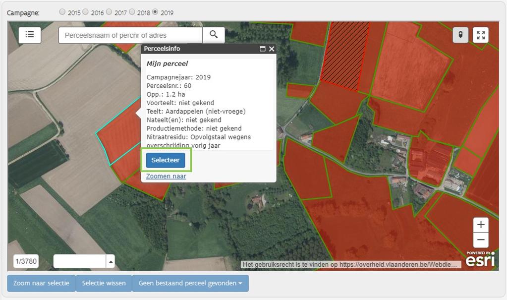 Voor het nitraatresidu kunt u alleen de percelen selecteren die werden aangeduid door de Mestbank. U kunt meerdere percelen tegelijkertijd selecteren.