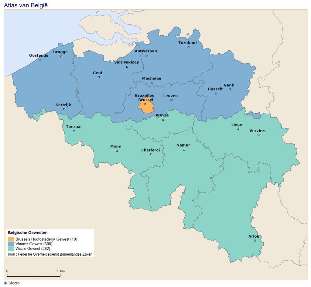 Kaart 1: De gewesten van België