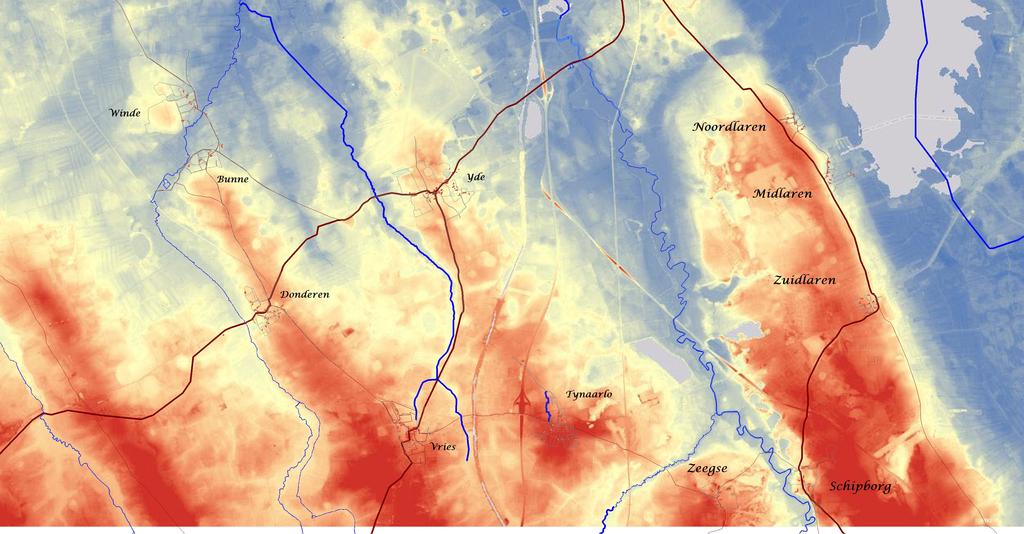 Drenthe jaar 0-500 kaart 6 Ook uit dit kaartje van de nederzettingen in het noordoostelijke deel van de Saksische gouw Drenthe blijkt dat alle nederzettingen aan of nabij een stroomdal zijn gelegen.