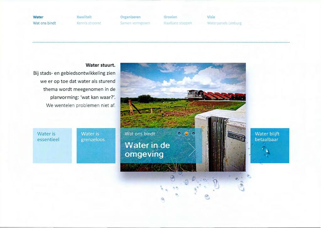 Water Kwaliteit Organiseren Visie Wat ons bindt Kennis st r oomt Samen vormgeven Haalbare stappen Wate r panels Limburg Water stuurt.