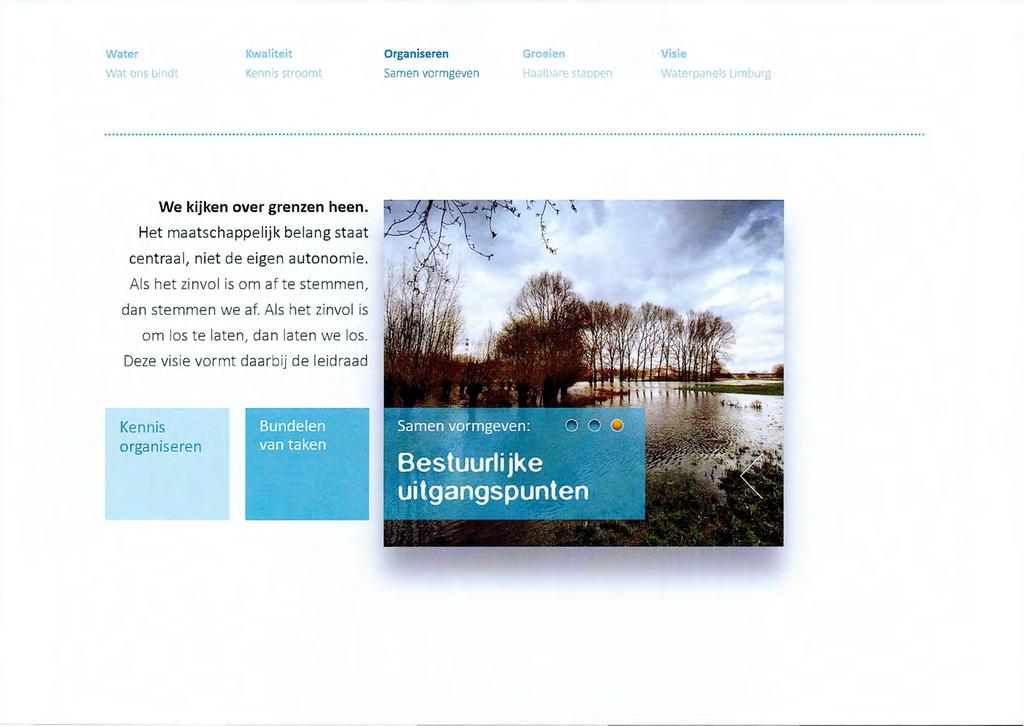 Water Kwaliteit Organiseren Visie Wat ons bindt Kennis stroomt Samen vormgeven Haalbare stappen Waterpanels Limburg We kijken over grenzen heen.