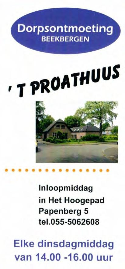 t Proathuus is een ontmoetingsplek voor senioren van alle gezindten uit Beekbergen en de omliggende dorpen. De mogelijkheid om zonder afspraak in- en uit te lopen, of aan te schuiven, ligt tussen 14.