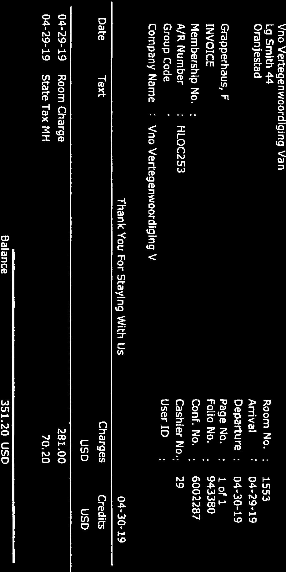 Signature R RENAISSANCE ARUBA RESORT & CASINO Vno Vertegenwoordiging Van Lg Smith 44 Room No. : 1553 Oranjestad Arrival 042919 Departure : 043019 Grapperhaus, F Page No. 1 of 1 ENVOICE Folio No.