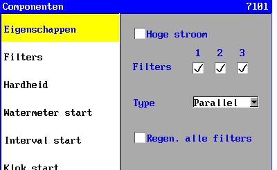 SFS8000 Installatie 38 7.1.2. Enkel filter Indien er maar één filter is geactiveerd dan is automatisch enkel filter bedrijf ingeschakeld. Er zijn dan geen verdere instellingen meer nodig. 7.1.3. Wissel bedrijf Zijn er meerdere filters geactiveerd dan kan worden gekozen voor onder andere wisselbedrijf.