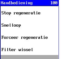 SFS8000 Handbediening van de installatie 52 10.5. Stop regeneratie Met deze optie kan een regeneratie direct worden gestopt. Deze optie is alleen beschikbaar indien er een filter in regeneratie.staat.