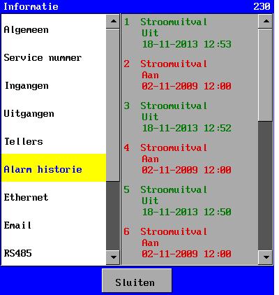 SFS8000 Informatie en historie 54 11.4. Uitgangen In dit venster wordt de status van de relaisuitgangen weergegeven.