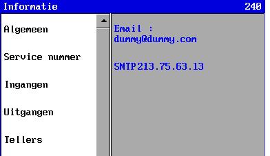 SFS8000 Informatie en historie 55 11.7. Ethernet In dit item worden de ethernet instellingen weergegeven, die van belang zijn bij internet en e-mail communicatie (zie ook 15 Ethernet op blz. 61).