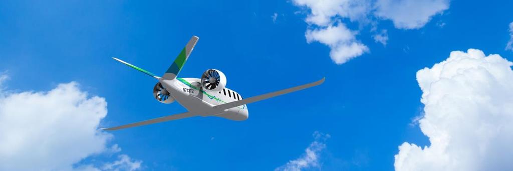 Hoofdroute 3: hybride elektrisch vliegen Als voorbeeld de hybride-elektrische Zunum ZA10, een twaalfzitter voor afstanden tot 1000km.