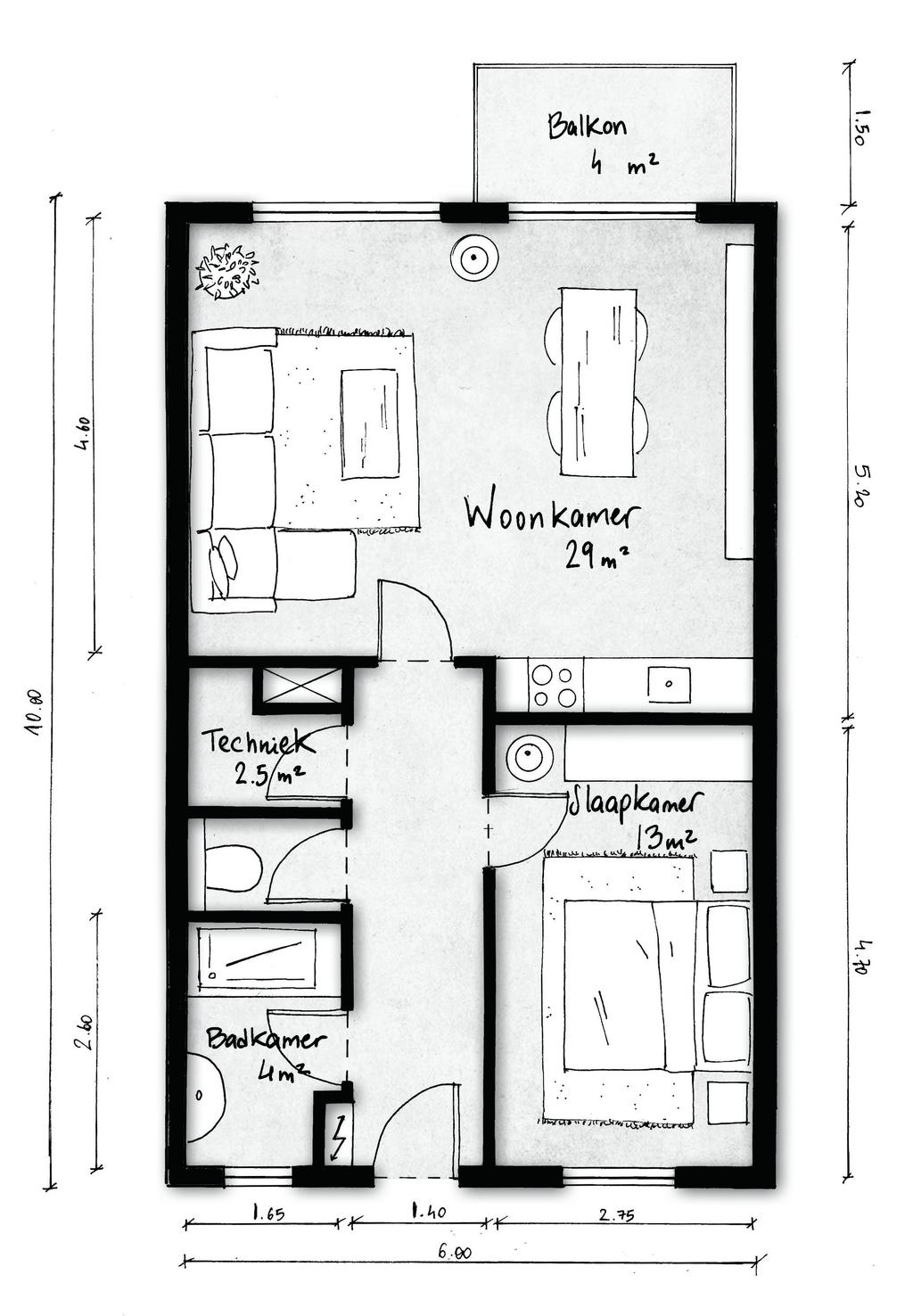 2 kamer appartement Huurprijs indicatie: 595,- (prijspeil 2019). De appartementen in de U-blokken zijn één meter minder diep.