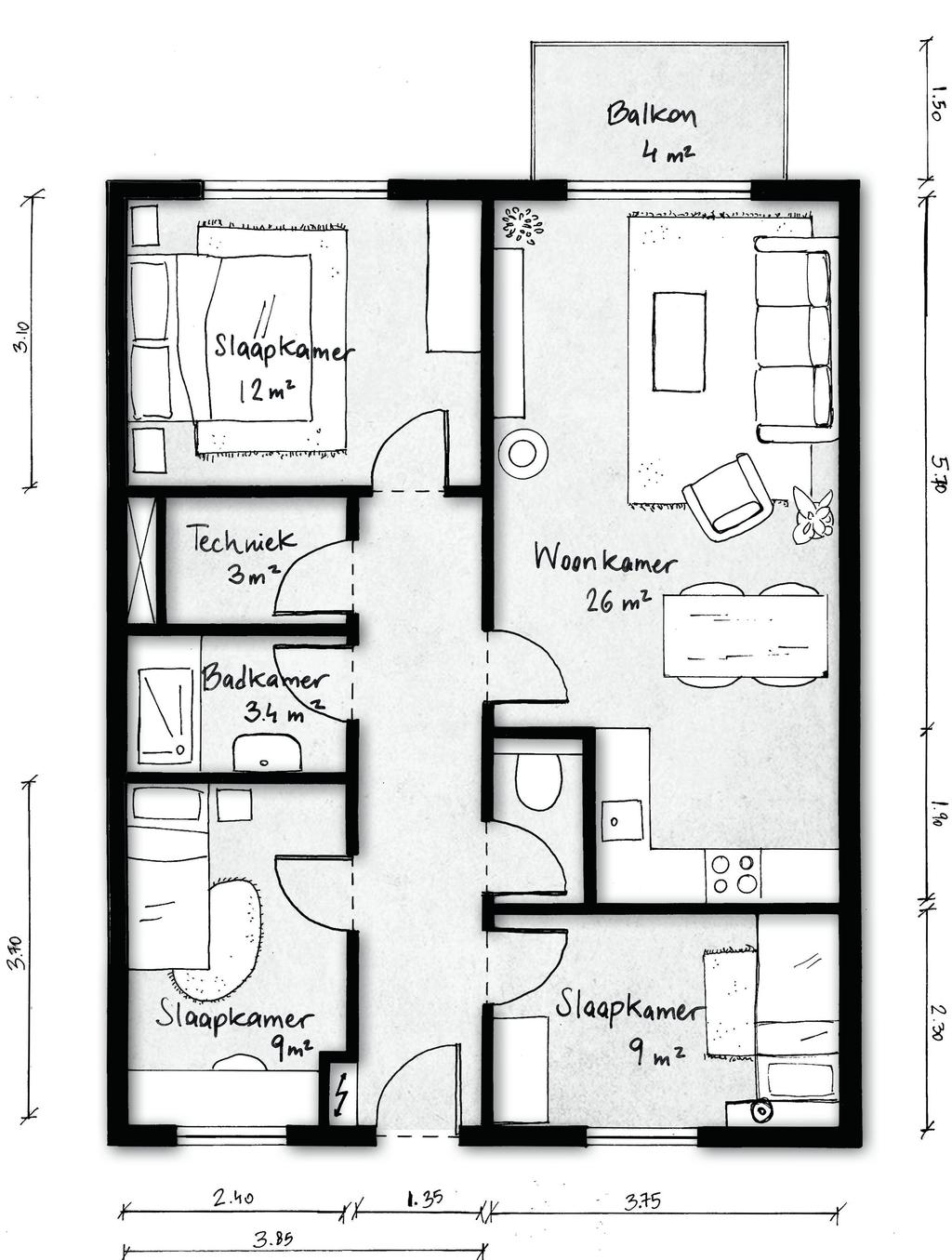 4 kamer appartement Huurprijs indicatie: 650 720,- (prijspeil 2019). De appartementen in de U-blokken zijn één meter minder diep.