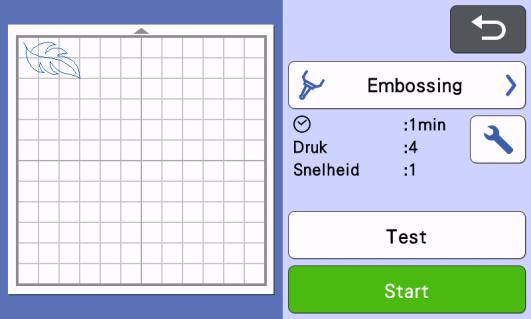 h Tik op de toets Test om een embossingproef uit te voeren. Controleer het resultaat van de embossingproef en tik op de toets Start als er geen problemen zijn.