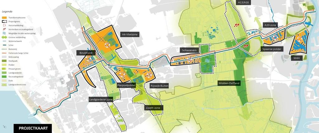 Regioproject Schie-Vlietzone: Rijgdraad van de metropool De Schie en de Vliet vormen samen met het naastgelegen fietspad een rijgdraad die van oudsher de stedelijke kernen van Den Haag, Delft