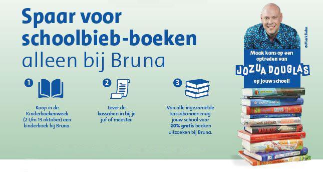 Kinderboekenweek: Spaart u mee voor de schoolbieb? Van 2 t/m 13 oktober is het weer Kinderboekenweek. Tijdens de Kinderboekenweek organiseert Bruna de actie: Sparen voor je schoolbieb.