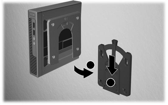 Schuif het deel van de HP Quick Release dat is bevestigd aan de computer (1) over het deel (2) dat is bevestigd op het apparaat waarop u de computer wilt monteren.