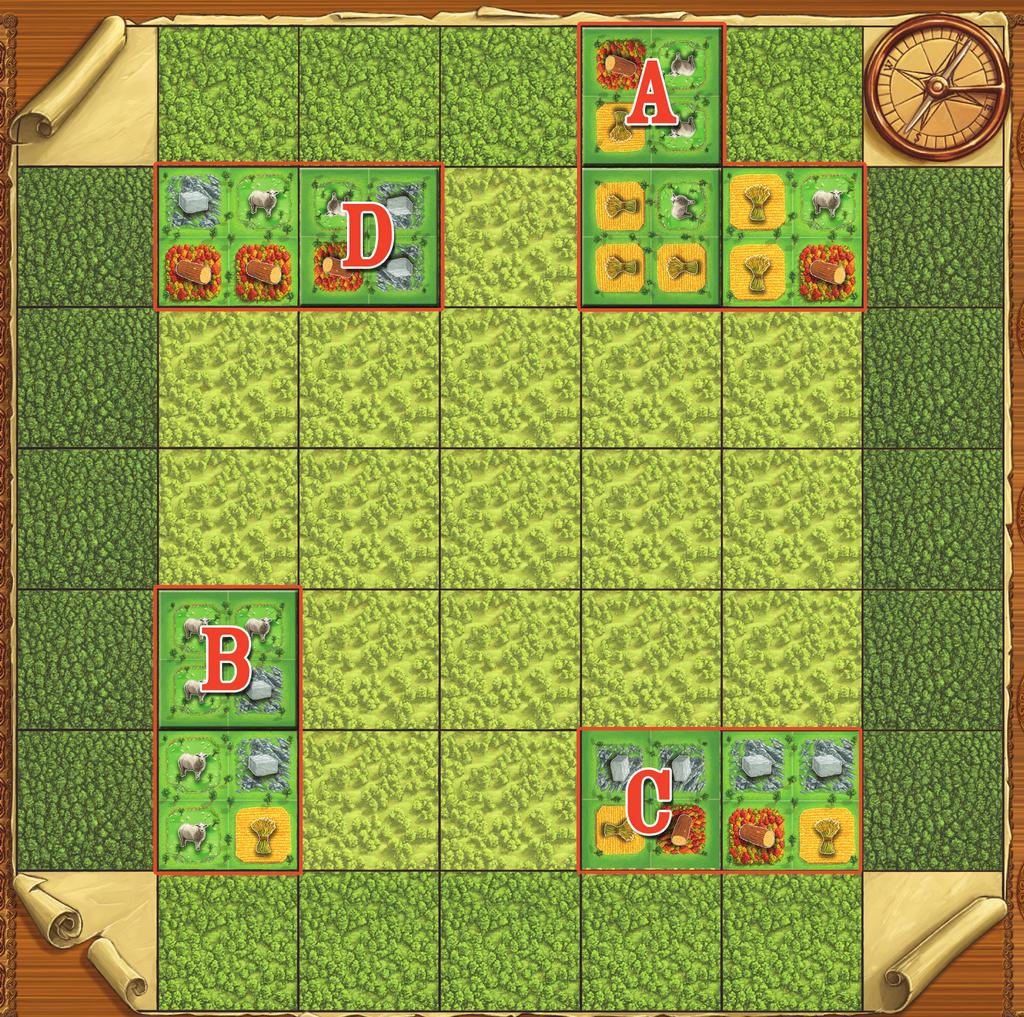 Vier voorbeelden van een speel een oogsttegel en bepaal de verzamelde grondstoffen in een 3-spelerspel.