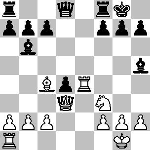 De3-b6 maar wit laat zijn kans liggen : [27.Lh2xf4! Te8-g8 (27...e5xf4 28.Tc1-c8+! Diagram mooi voorbeeld van uitschakelen verdediger...) 28.a2-a3 (28.Lf4-g3) 28...h6-h5] 33.Db6-e3 De7-f6 34.