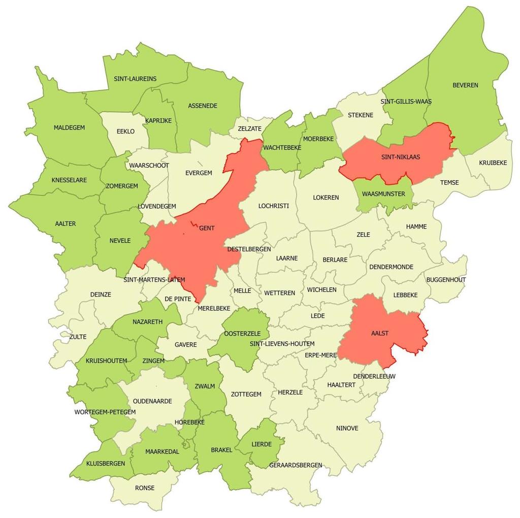 Kaart: overzicht types gemeenten Oost-Vlaanderen op basis van inw/km² en