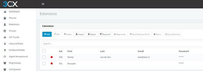 Klik op Extensions om het scherm met extensies te openen. Kies vervolgens voor Add Extension om een extensie aan te maken in de SIP server. Vul de benodigde gegevens in om een extensie aan te maken.